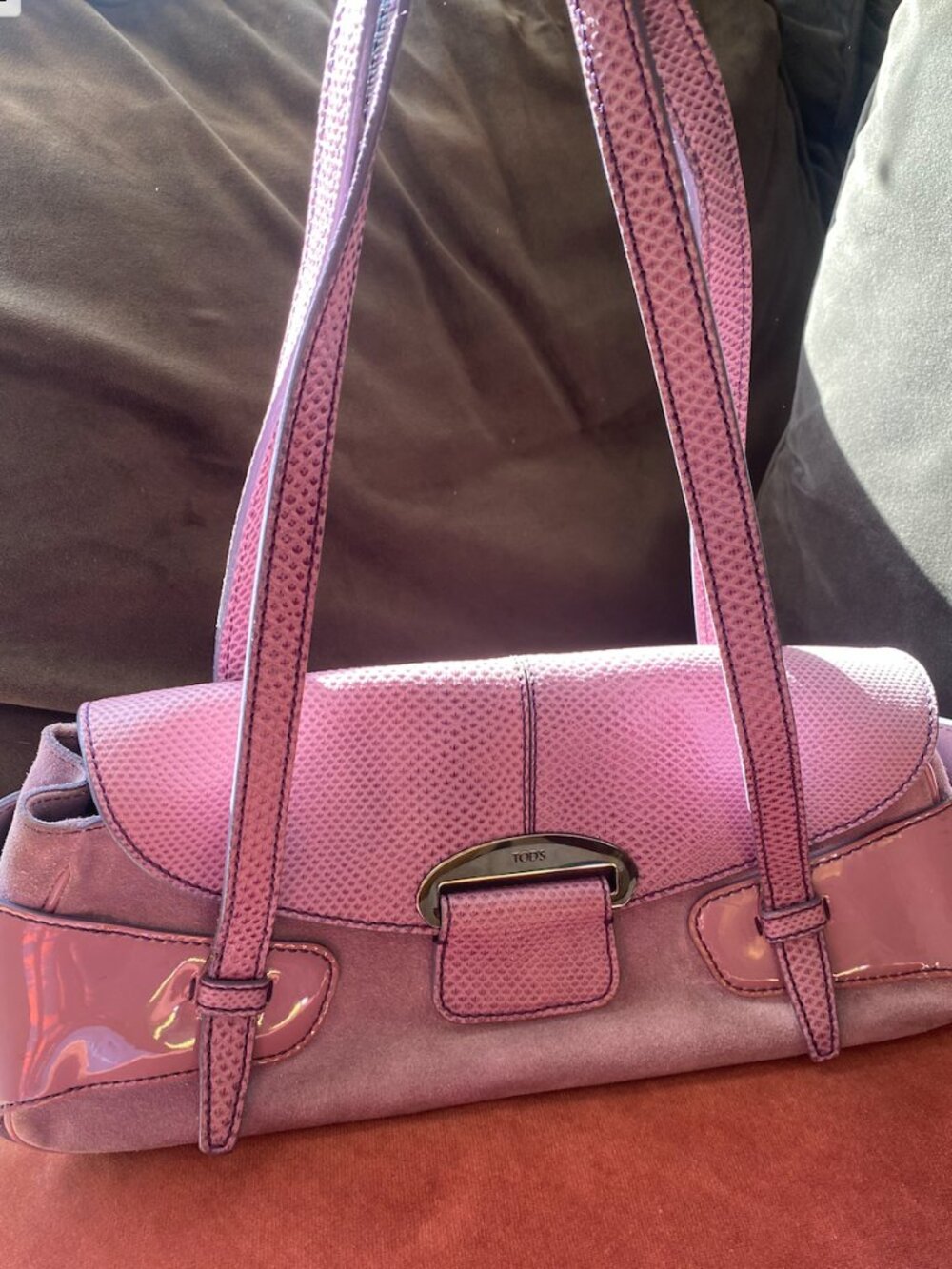 TOD'S Mauve Pink Suede Baguette Satchel Bag Embossed Pebble & Patent Leather